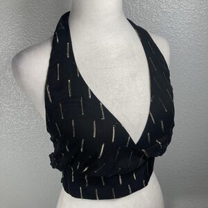 Black Metallic Halter Top S Open Tie Up Back Deep V-Neck Crop Gold Silver Club